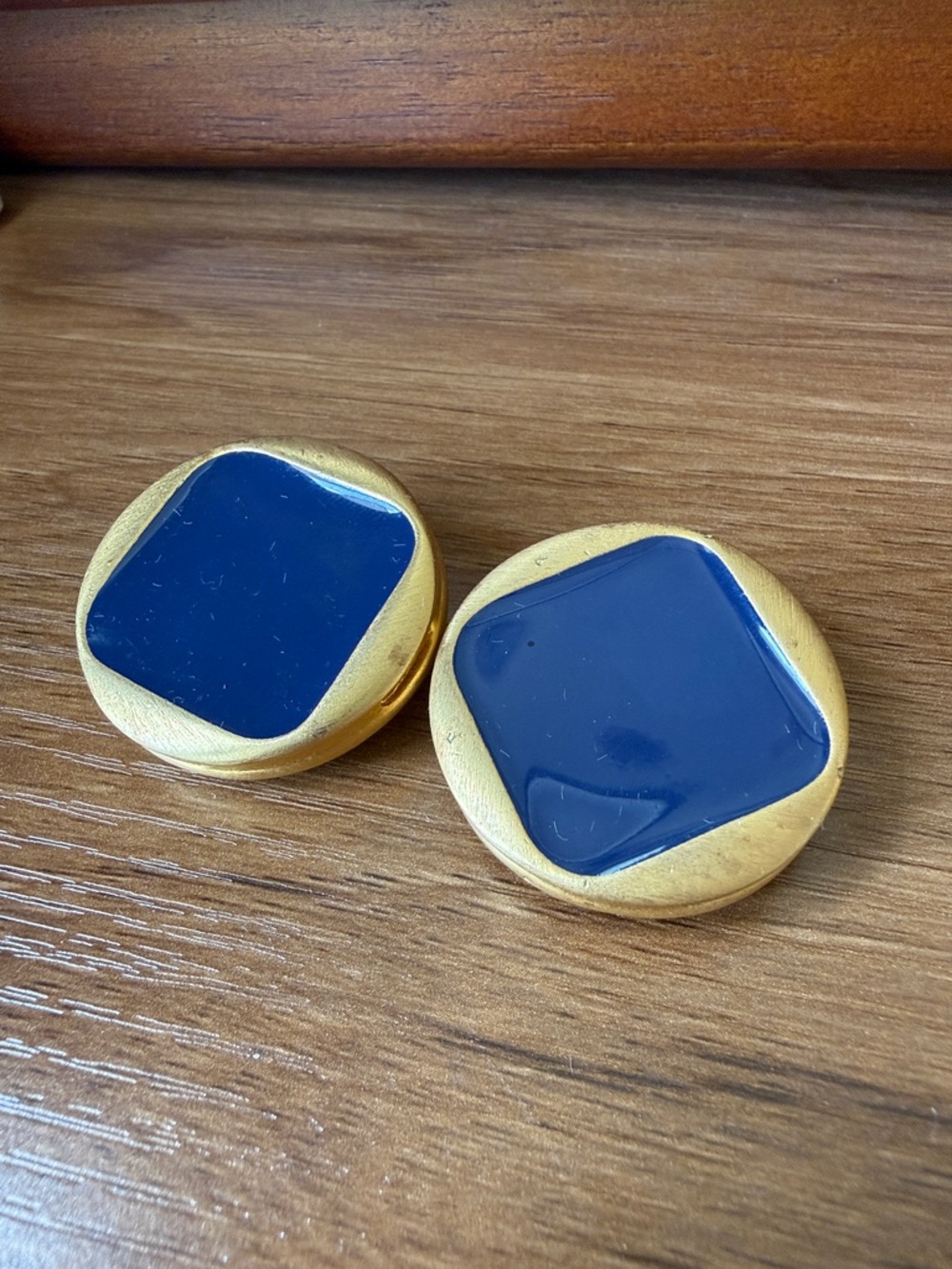 Vintage Signed “GJD” Gold and Navy Round Clip Earrings - 1.5” diameter